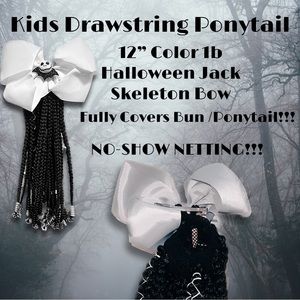 KIDS DRAWSTRING PONYTAIL 12” 1b Braids w/ Bow and Black and White Beads